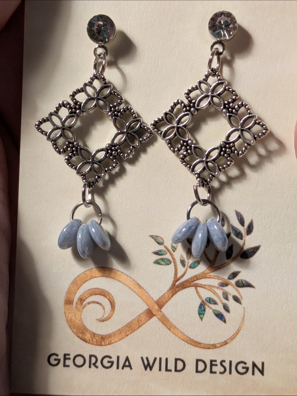 Silver Filigree Drop Earrings with Light Blue Glass Lentil Beads